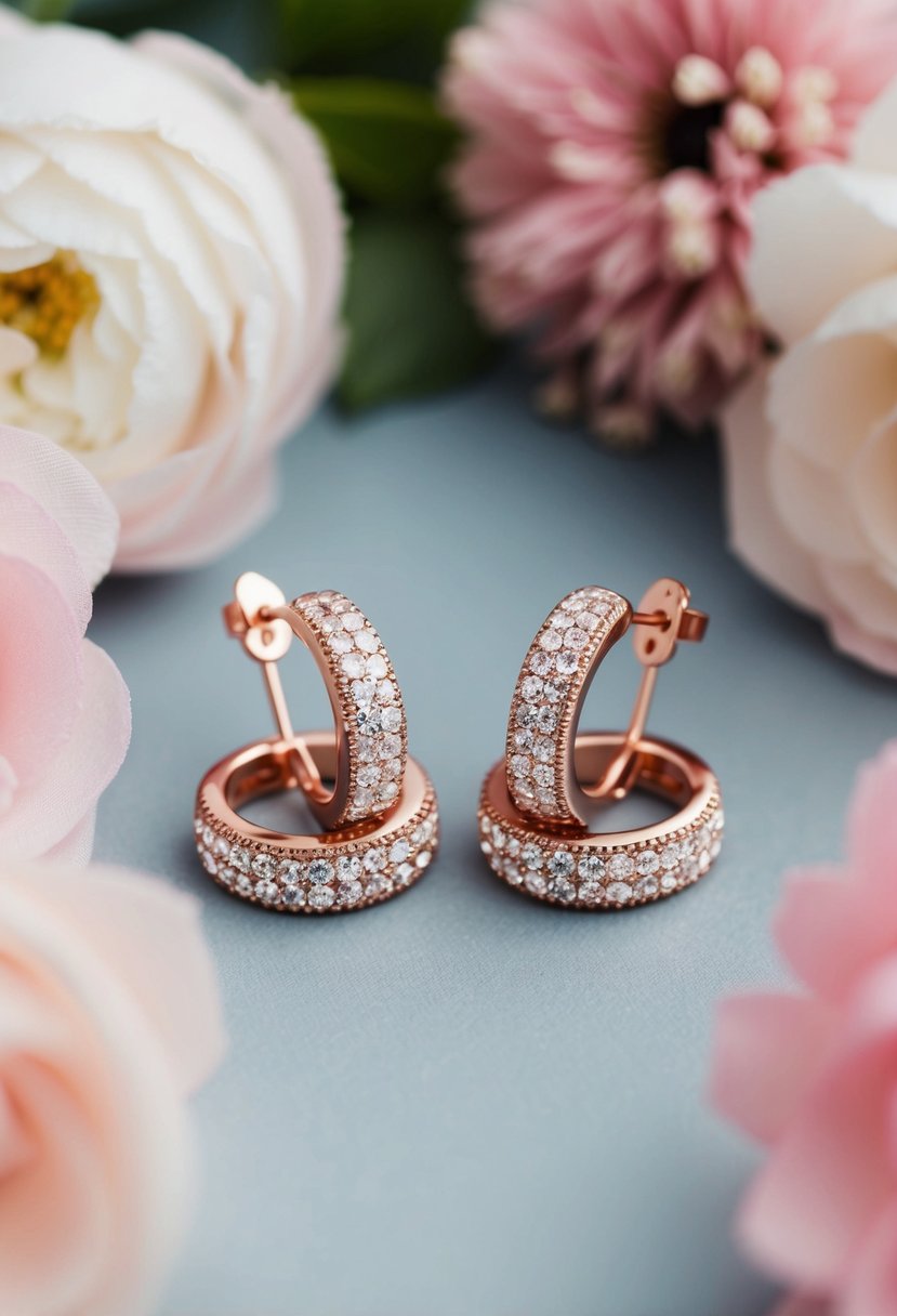 A pair of delicate rose gold earrings adorned with shimmering pavé crystals, surrounded by soft pink and white floral arrangements