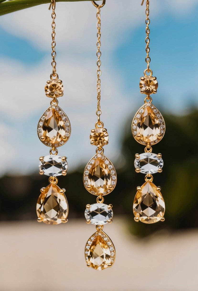 A bohemian-inspired chandelier earrings with champagne-colored gemstones hanging from delicate gold chains, creating a whimsical and elegant look