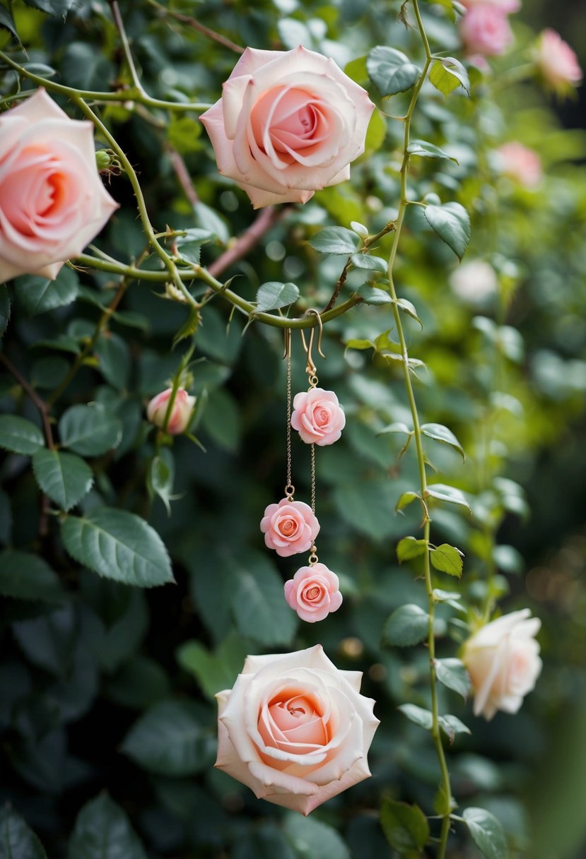 A delicate rose garden with cascading vines, showcasing elegant rose-inspired earrings hanging from a branch