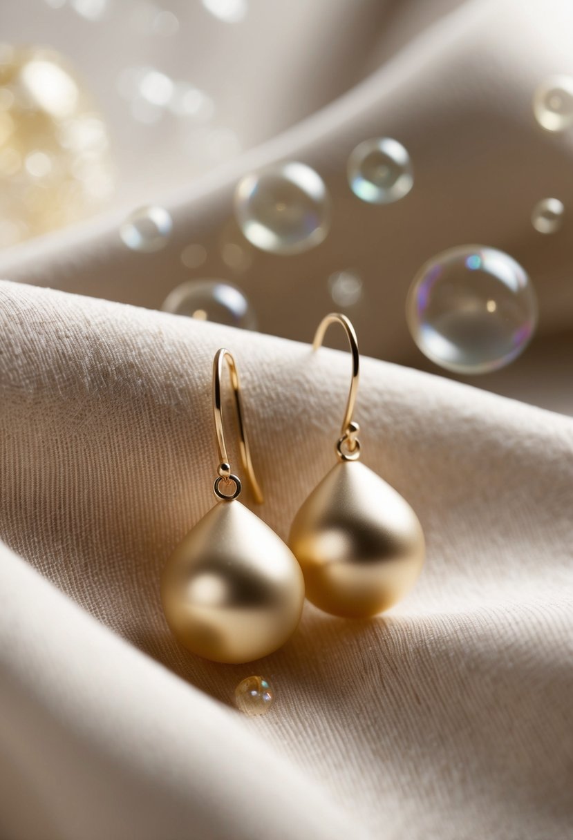 A pair of delicate champagne gold drop earrings resting on a soft, luxurious fabric, surrounded by sparkling champagne bubbles