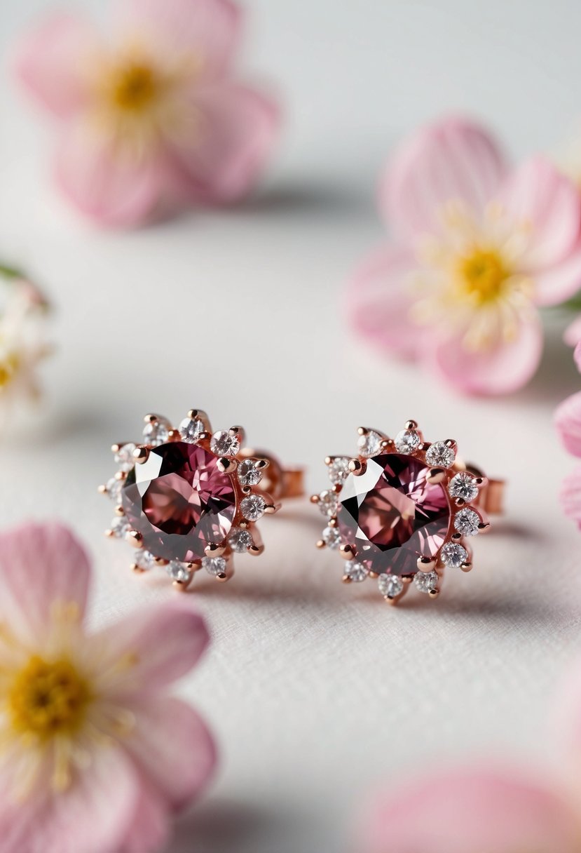 A pair of rose-colored gemstone earrings glimmering in the soft light, surrounded by delicate floral accents