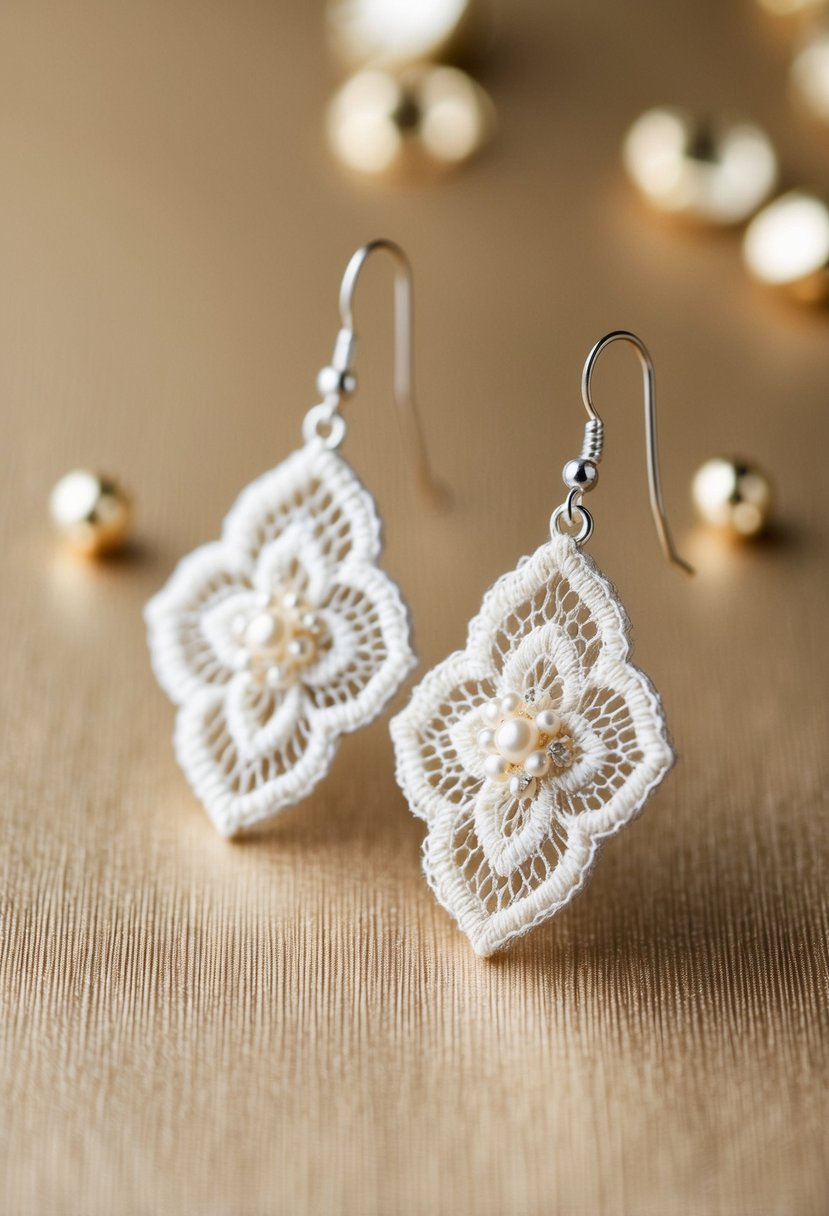 Delicate ivory lace earrings on a champagne-colored background