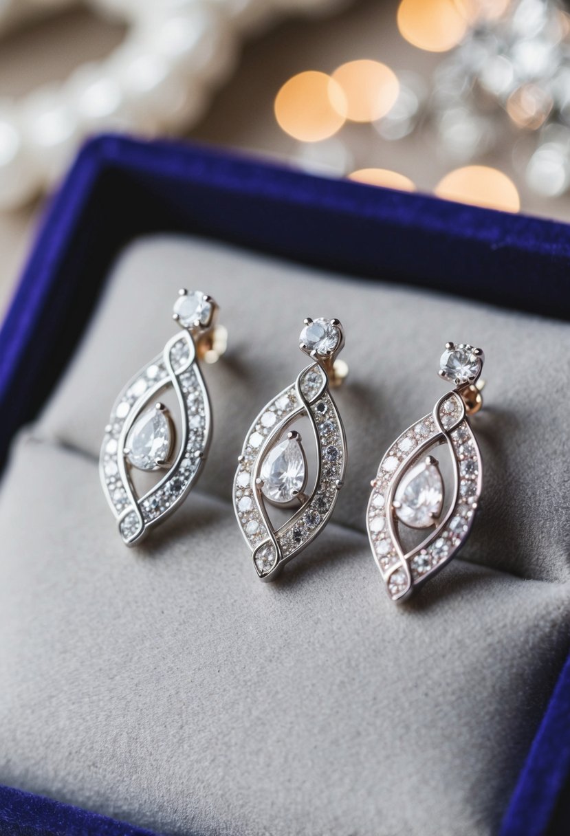 A close-up of three elegant wedding earrings arranged on a velvet cushion, with intricate designs and sparkling gemstones catching the light