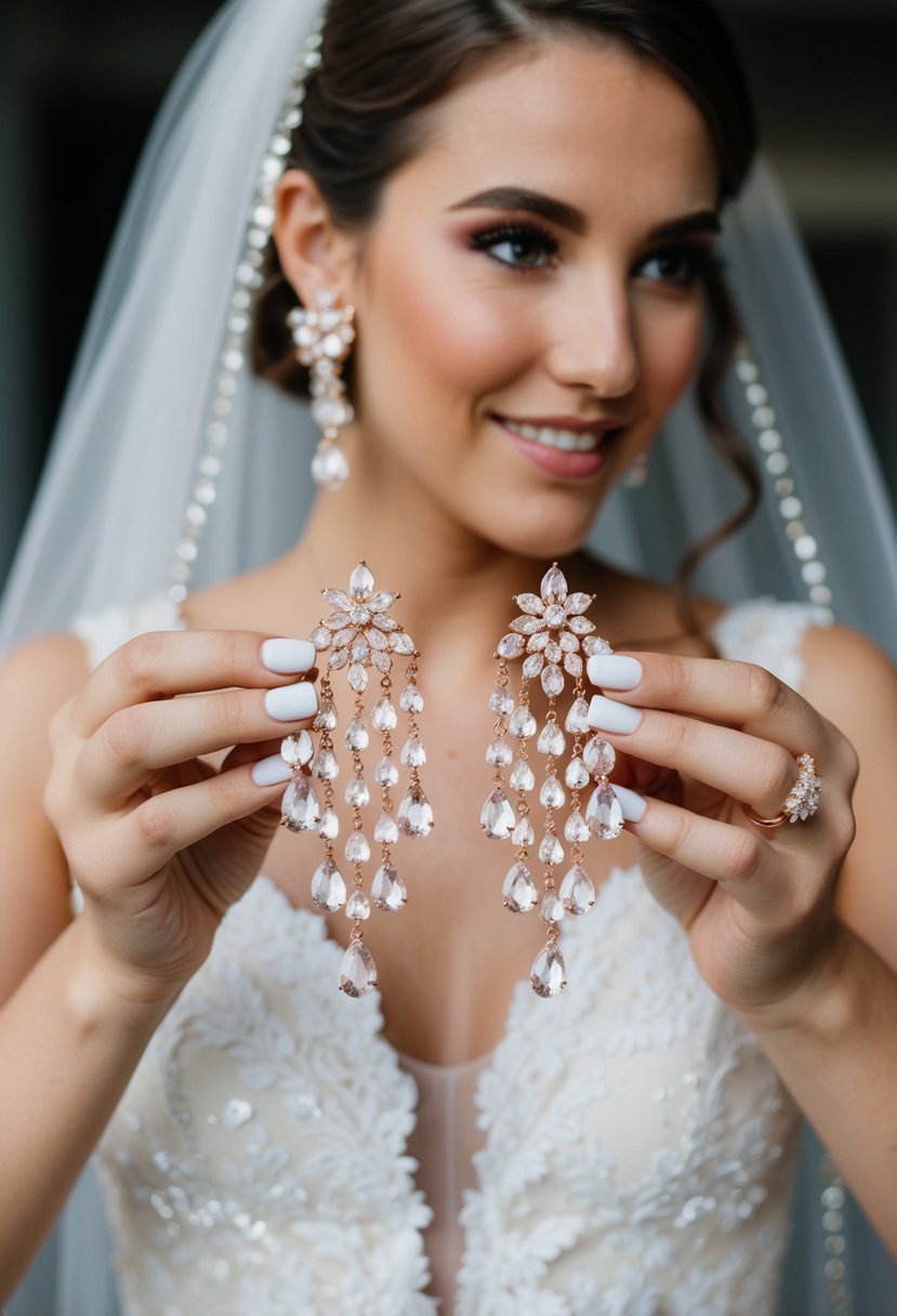 A bride delicately holds a pair of rose gold chandelier earrings, with soft petals and shimmering crystals cascading from the elegant design