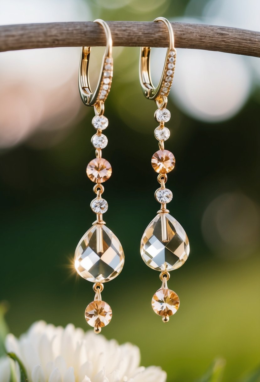 Glistening crystal and champagne beads dangle from delicate wedding earrings