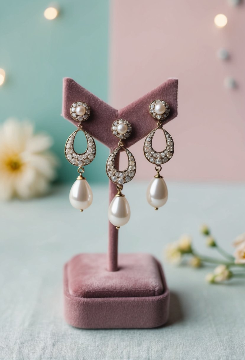 A vintage-inspired triple piercing earring design with pearl drop accents, displayed on a velvet jewelry stand against a soft, pastel-colored backdrop