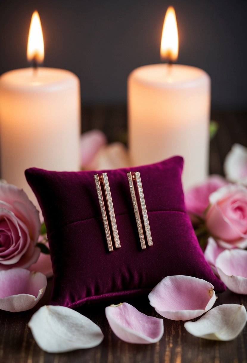 A pair of rose gold linear spear drop earrings displayed on a velvet cushion, surrounded by delicate rose petals and soft candlelight