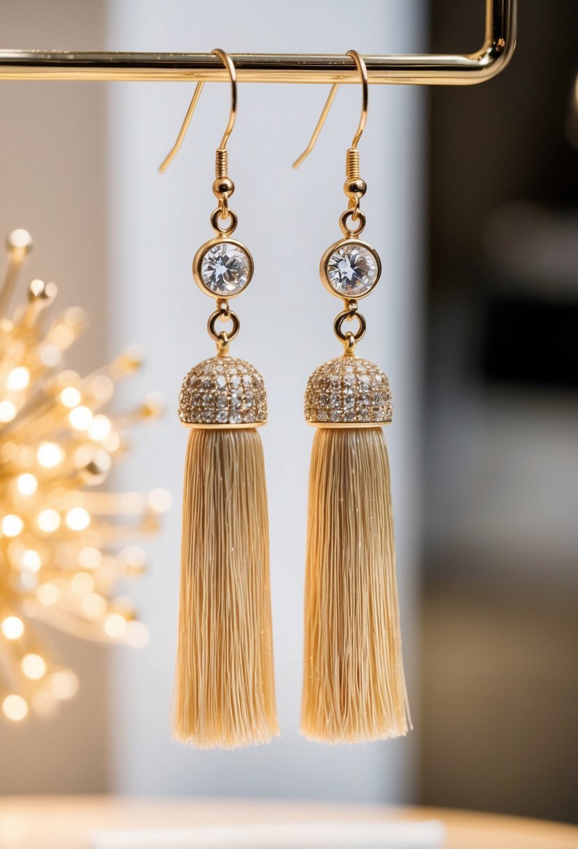 A pair of elegant champagne tassel earrings hanging from a display, with soft lighting to highlight their shimmering details