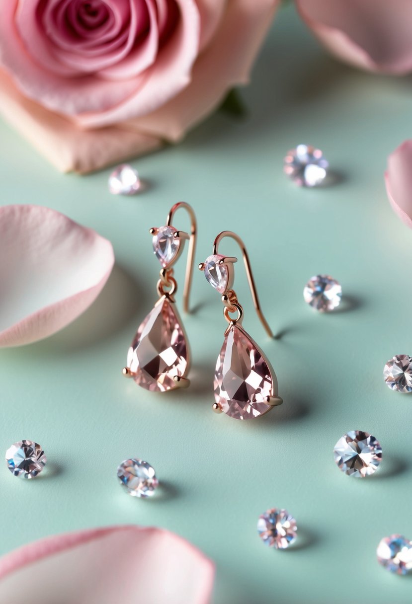 A pair of delicate rose gold earrings with crystal teardrop pendants, displayed on a soft, pastel-colored background, surrounded by rose petals and small, shimmering crystals