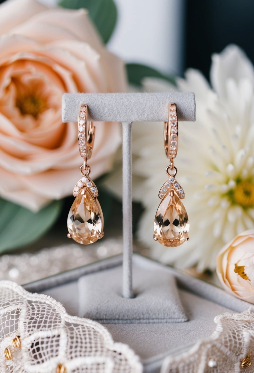 A pair of rose gold champagne dangle earrings sparkling on a velvet display, surrounded by delicate lace and floral accents