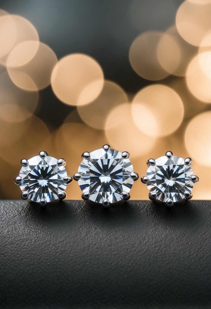 Three diamond studs arranged in an asymmetrical trio, with the largest stud at the bottom and the two smaller studs above it