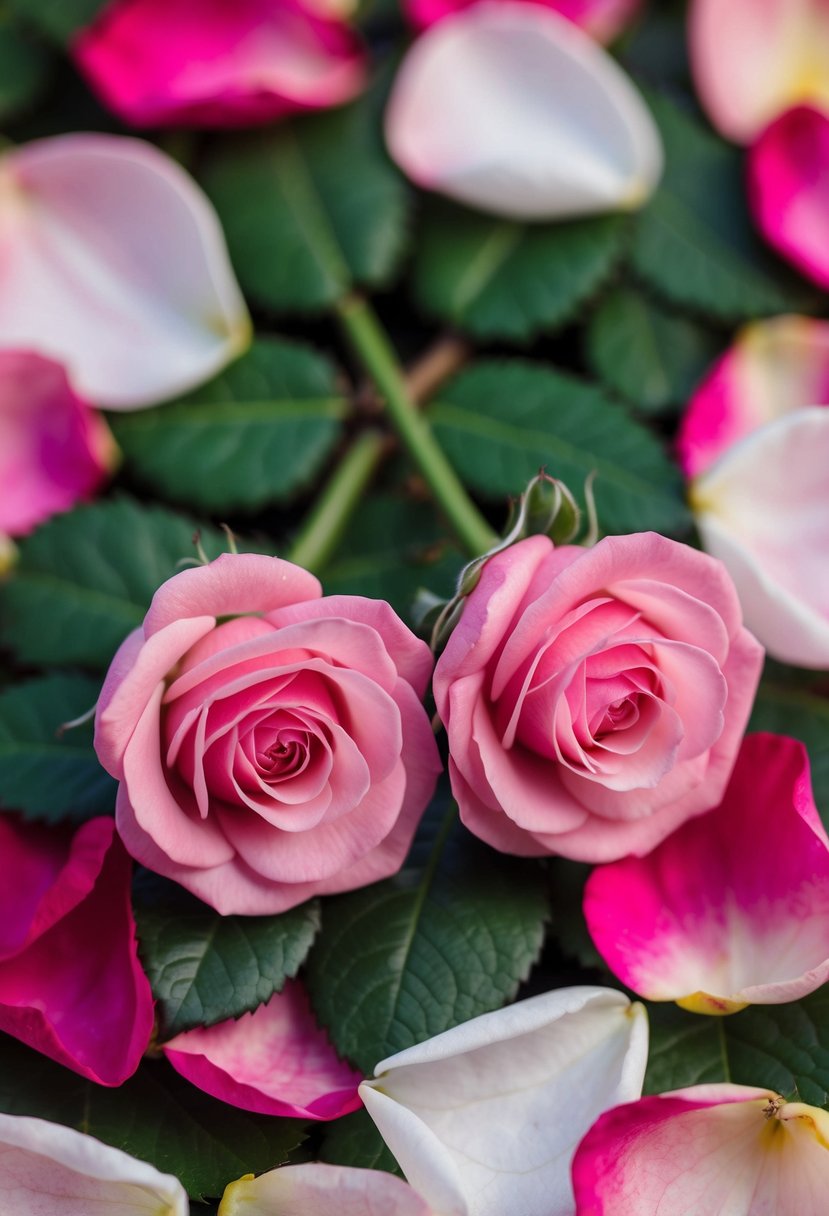 A pair of delicate pink rose stud earrings resting on a bed of fresh rose petals