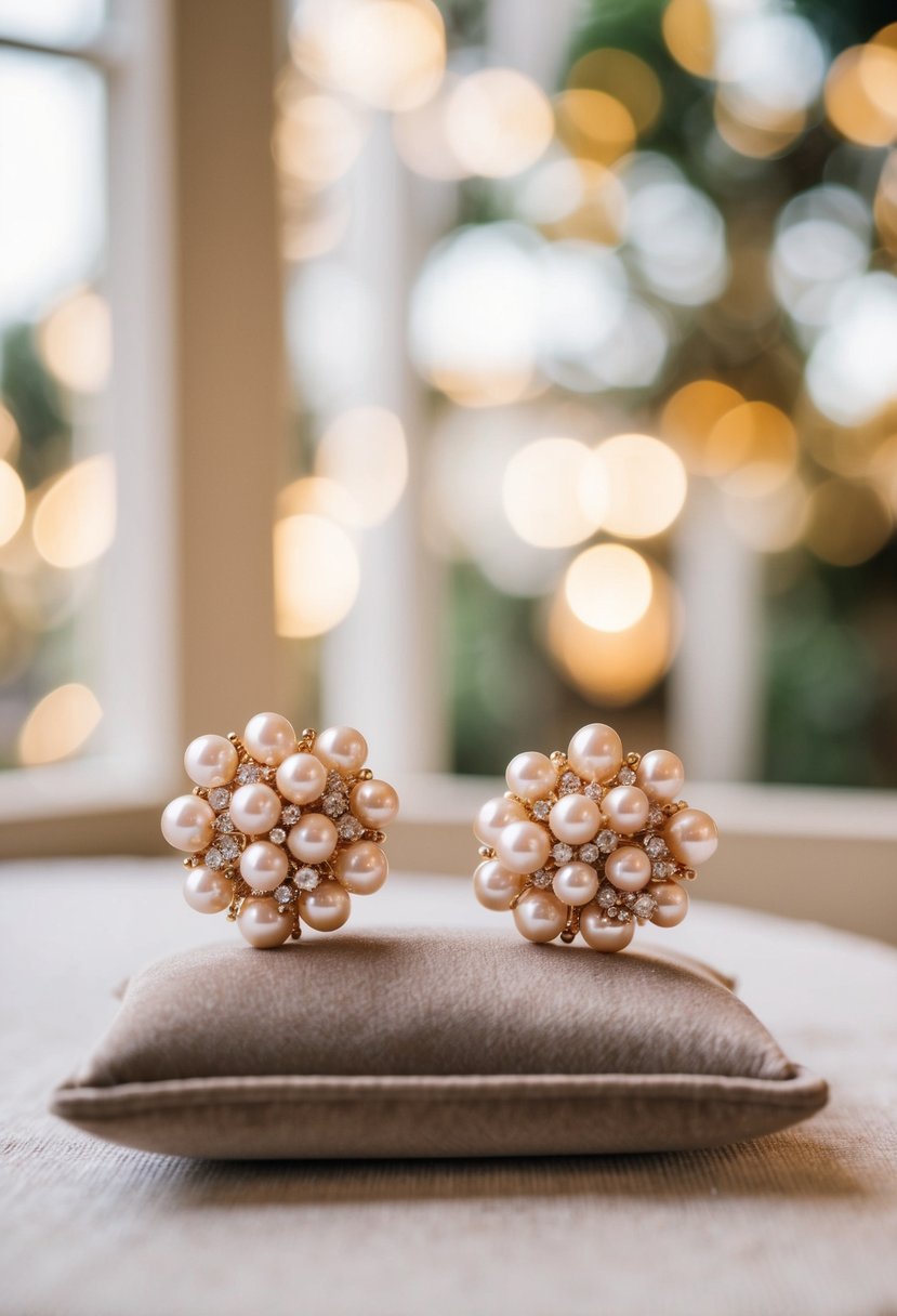 A pair of champagne and pearl cluster earrings displayed on a velvet cushion