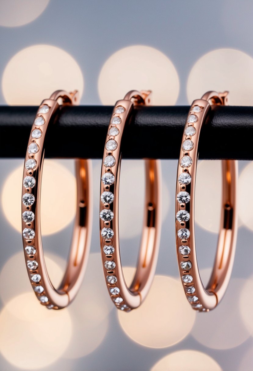 Three rose gold hoop earrings, each with crystal accents, arranged in a triple piercing