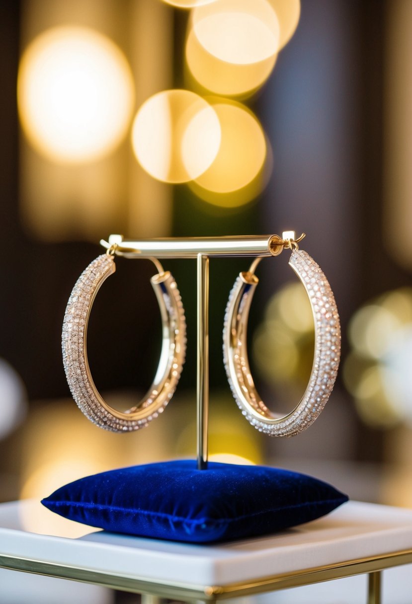 A sparkling pair of champagne hoop earrings displayed on a velvet cushion in a luxurious setting