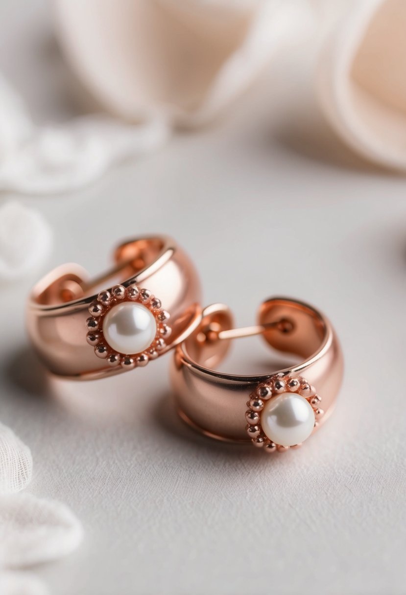 A pair of rose gold earrings with delicate pearl embellishments, set against a soft, romantic backdrop