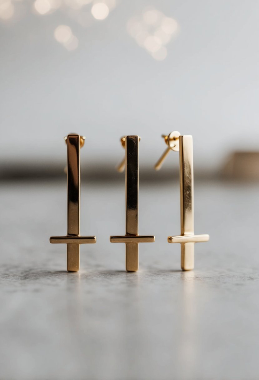 Three gold bar earrings arranged in a minimalist set, with each earring featuring a triple piercing design