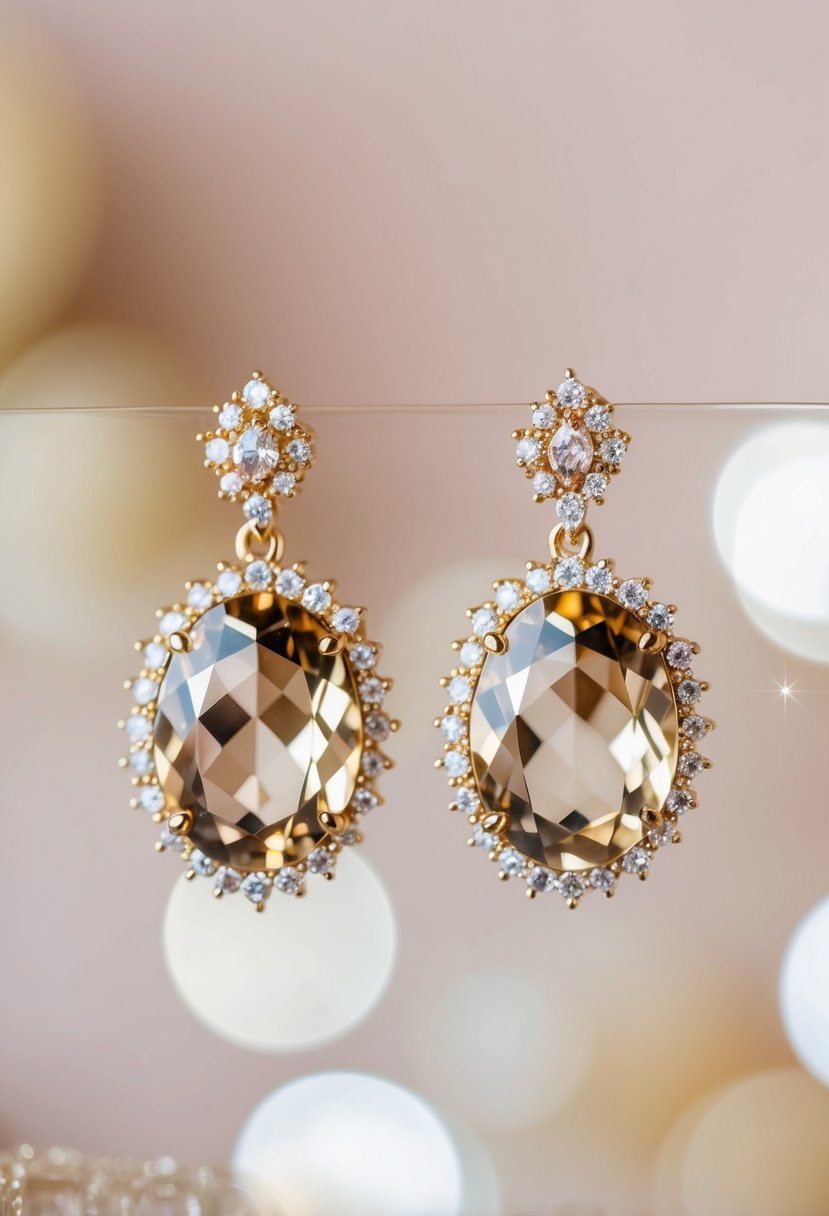 A pair of elegant champagne statement earrings adorned with sparkling jewels, set against a soft, dreamy background