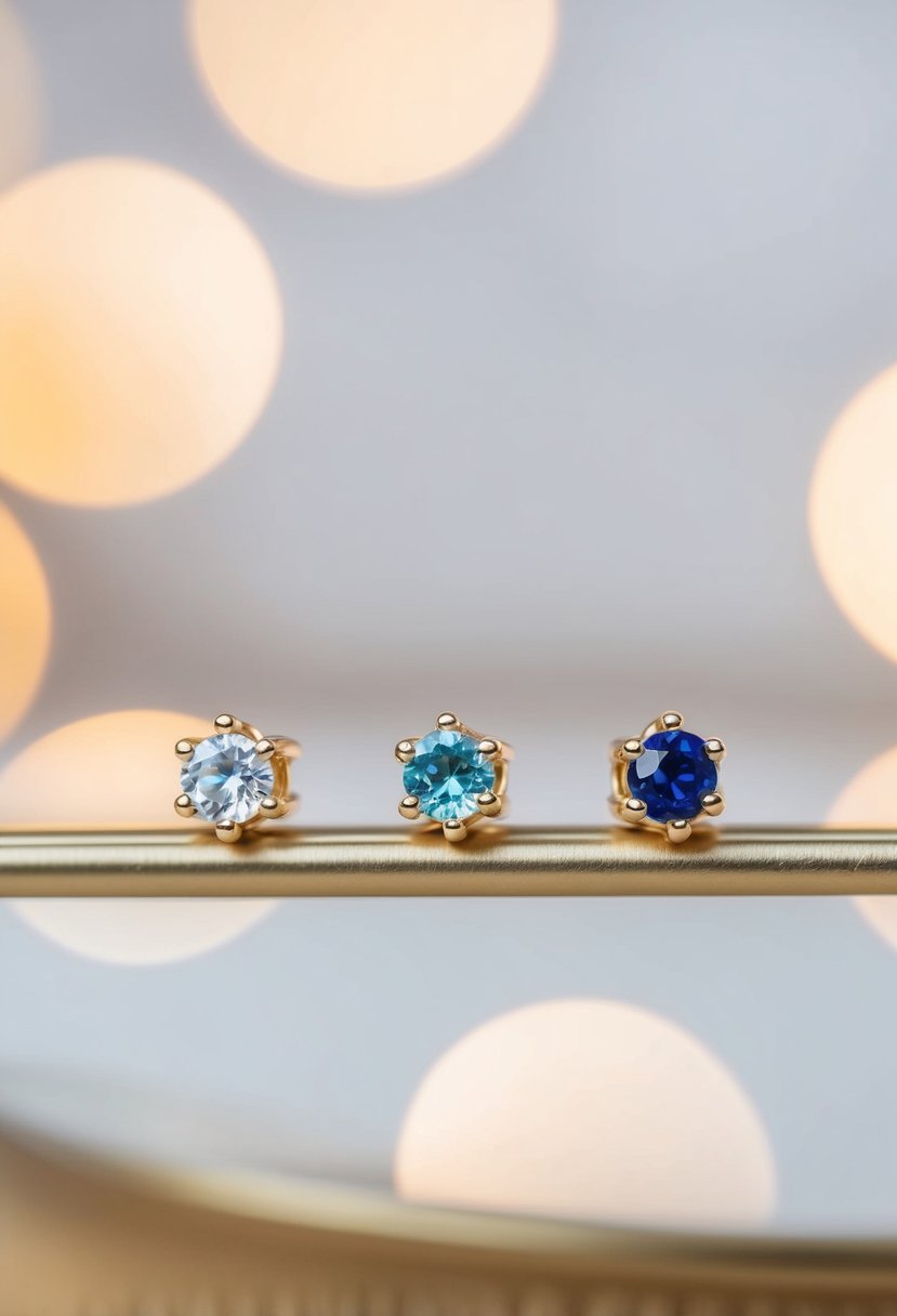 A trio of small, sparkling birthstone studs arranged in a line, nestled in delicate gold settings, with a soft, romantic background