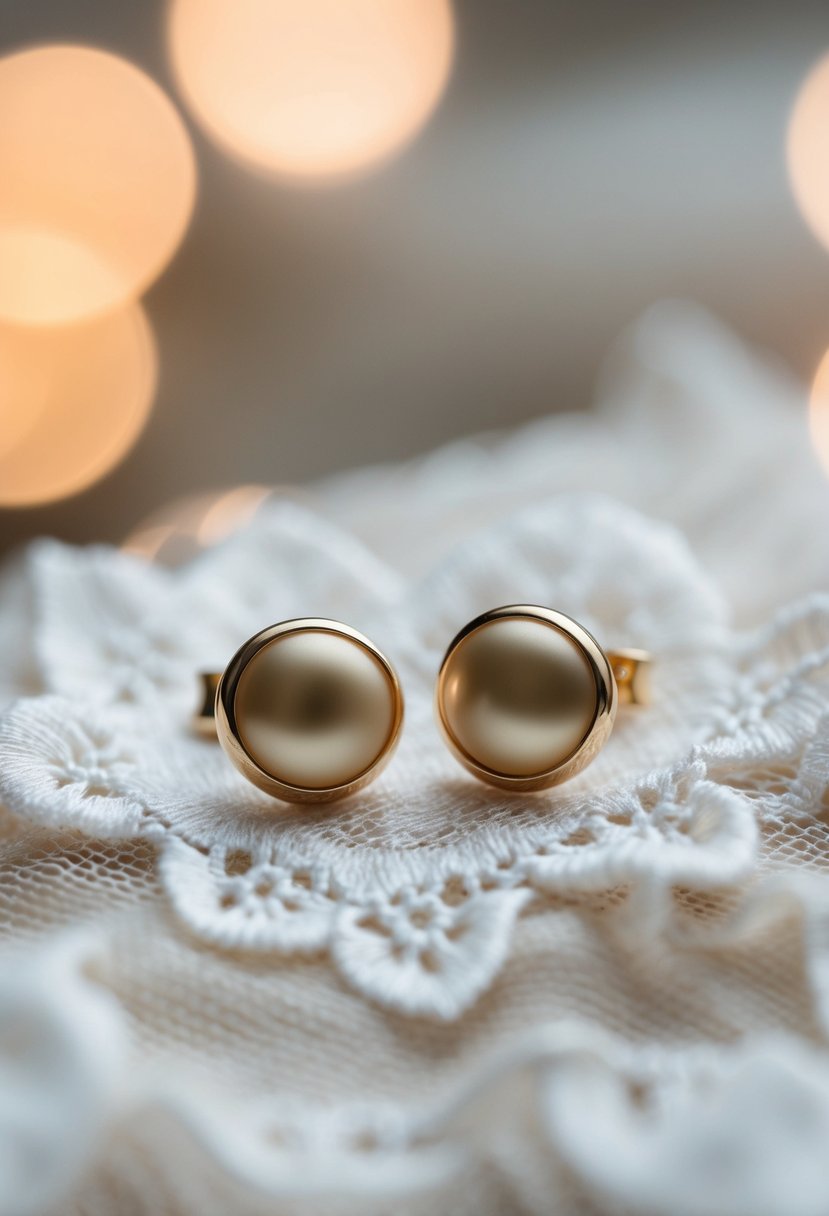 A pair of simple champagne stud earrings resting on a delicate lace fabric, surrounded by soft, romantic lighting