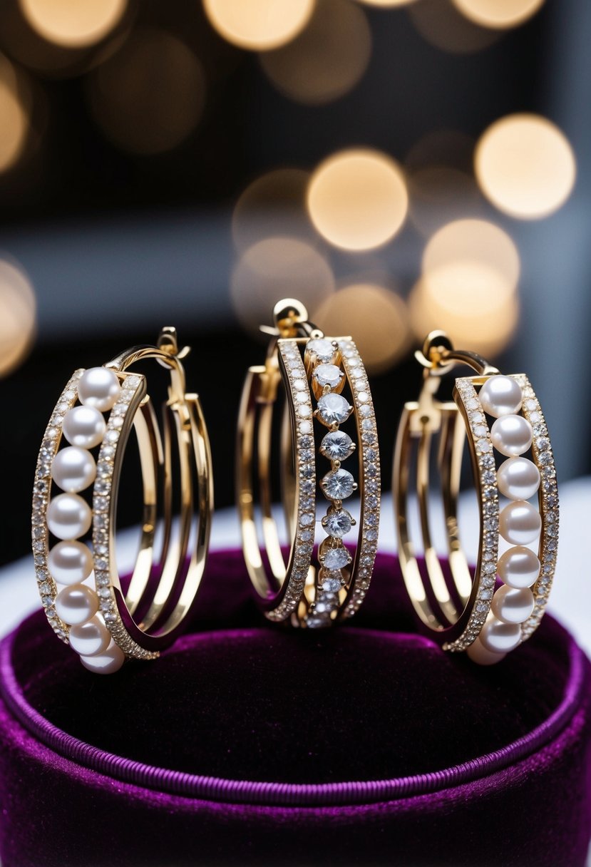 Three elegant hoop earrings, each with a different design, displayed on a luxurious velvet cushion. Sparkling with diamonds and pearls