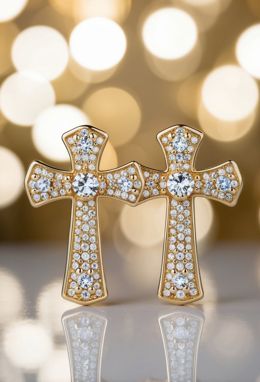 A pair of sparkling champagne-colored cross earrings adorned with rhinestones, set against a luxurious backdrop