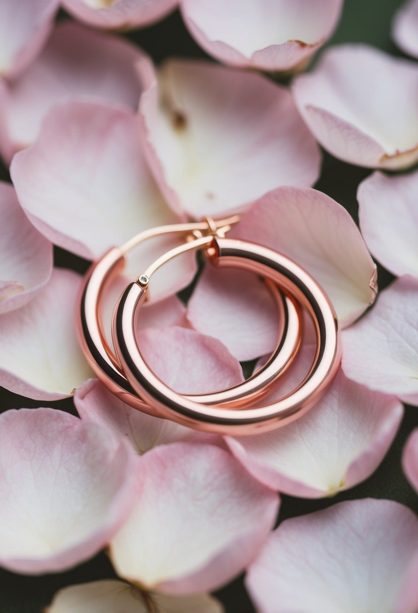 A delicate pair of rose gold hoop earrings resting on a bed of soft pink rose petals