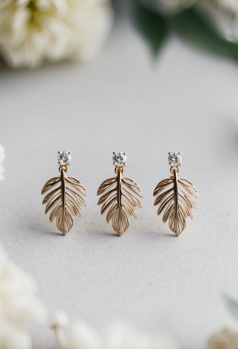 A trio of delicate leaf-shaped earrings arranged in a set, with intricate details and a sense of elegance, perfect for a wedding ensemble