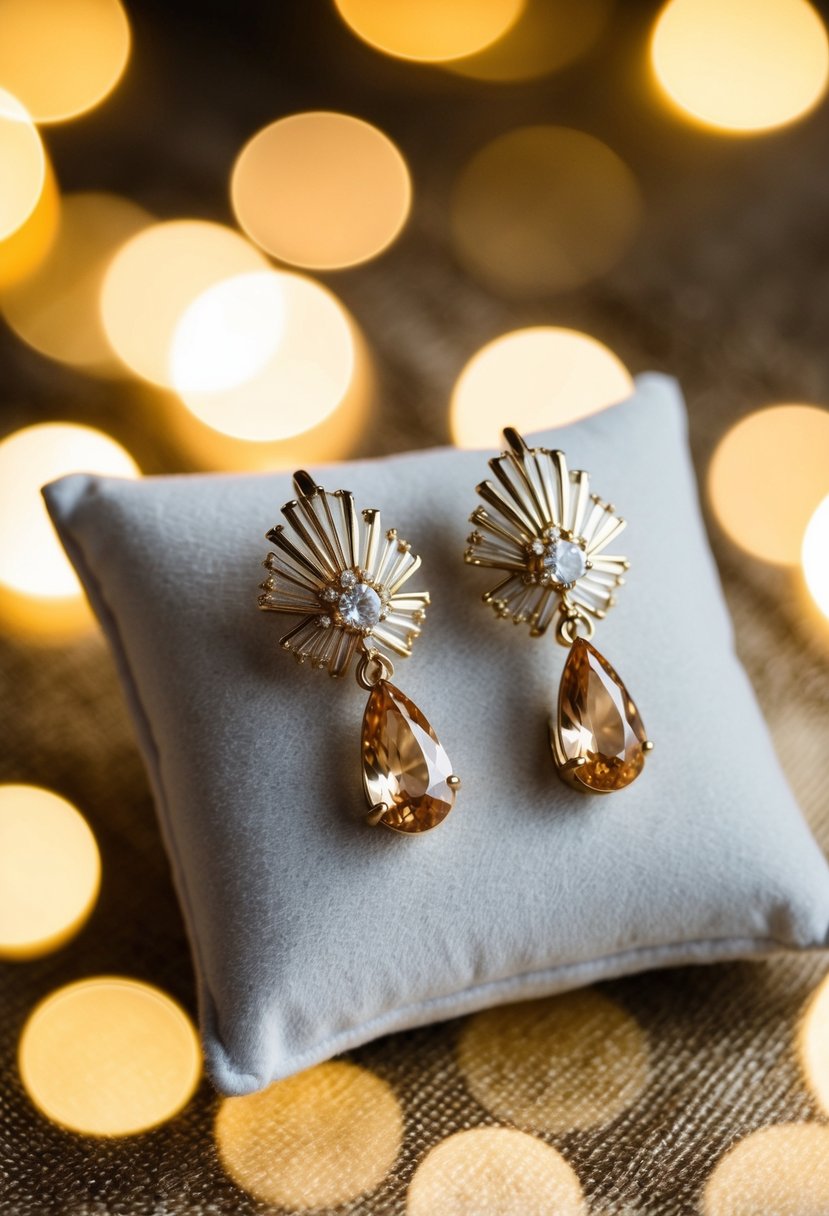 A pair of elegant Art Deco champagne earrings displayed on a velvet cushion, surrounded by soft golden light