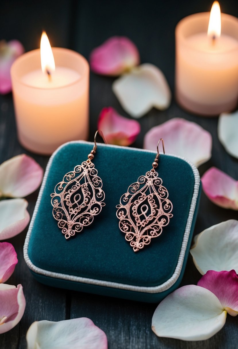 A pair of rose gold filigree earrings displayed on a velvet cushion, surrounded by delicate rose petals and soft candlelight