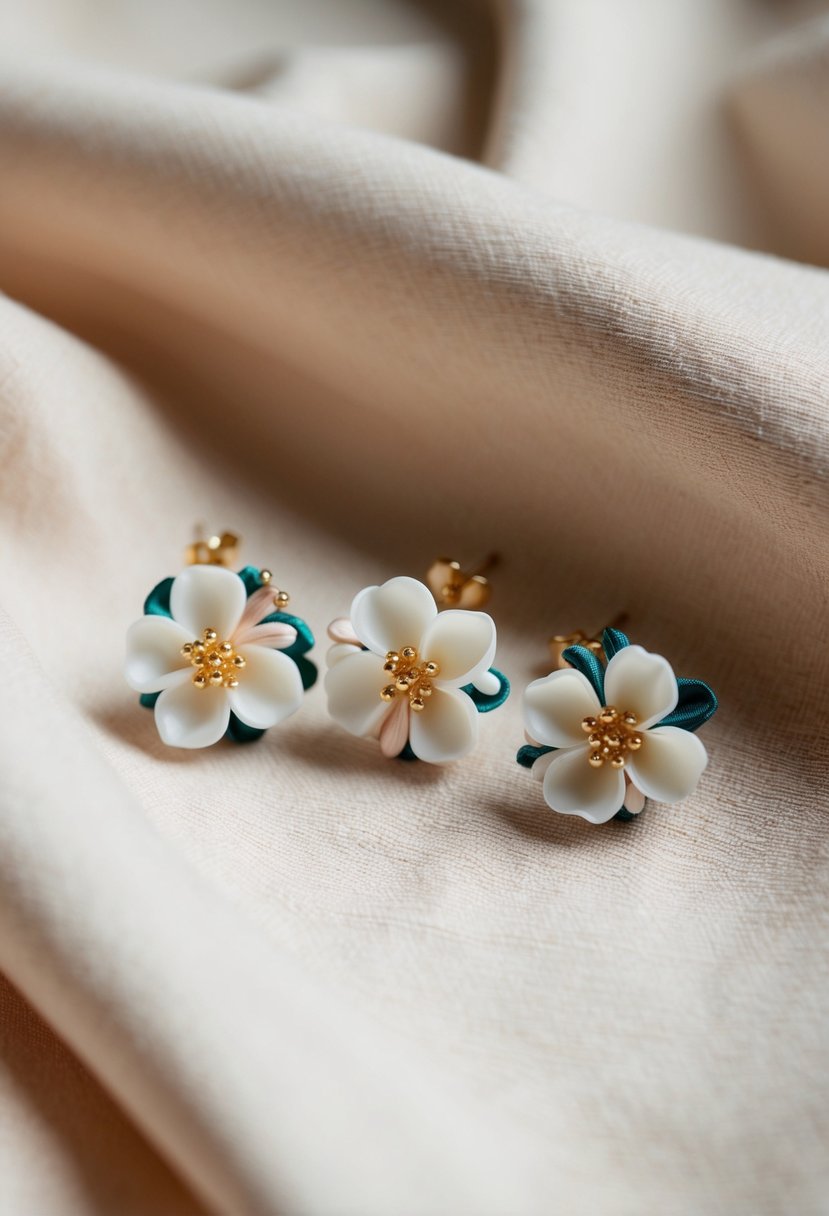 Three delicate floral earrings arranged in a trio, each with a unique design, resting on a soft, pastel-colored fabric background