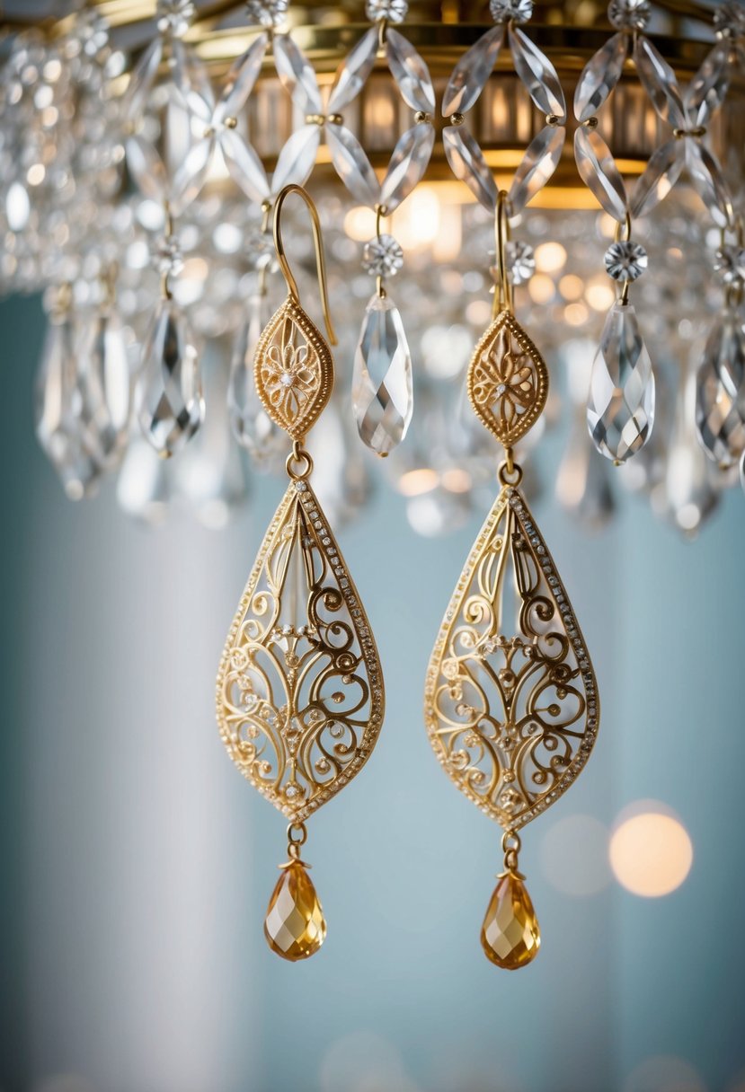 A pair of delicate champagne drop earrings, adorned with intricate filigree designs, glisten under the soft glow of a crystal chandelier