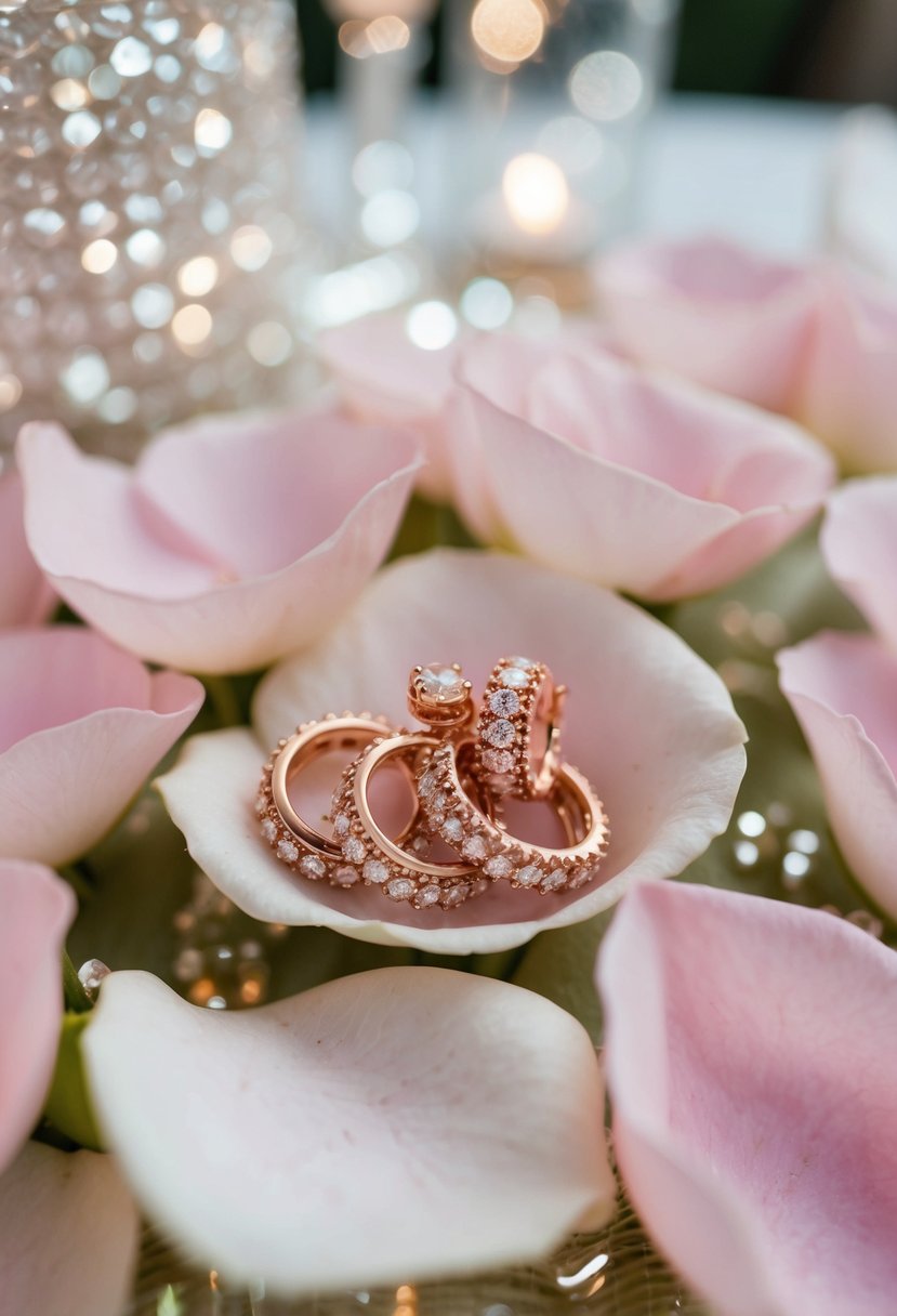 A delicate cluster of rose gold earrings nestled among soft pink rose petals and shimmering wedding decor