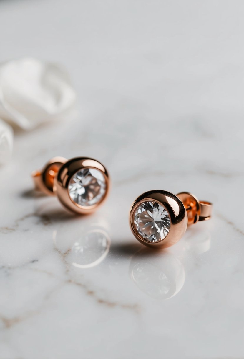 Two elegant rose gold earrings arranged on a white marble surface with soft lighting