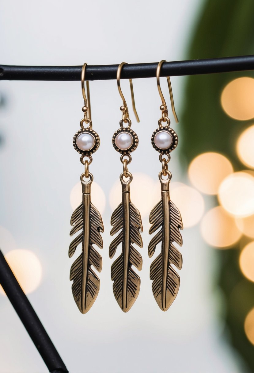 A trio of bohemian feather charm earrings dangle from three separate ear piercings, creating a unique and stylish wedding accessory