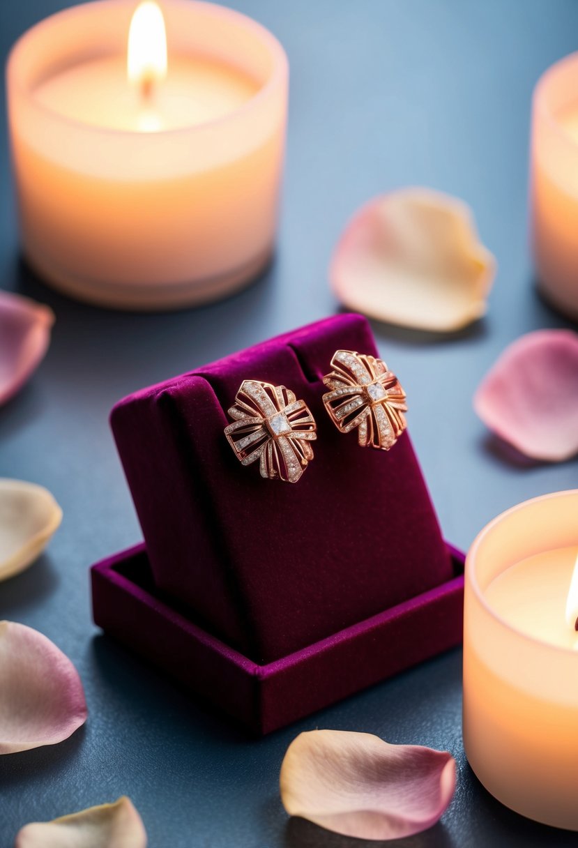 Two Art Deco rose gold earrings on a velvet display, surrounded by delicate rose petals and soft candlelight