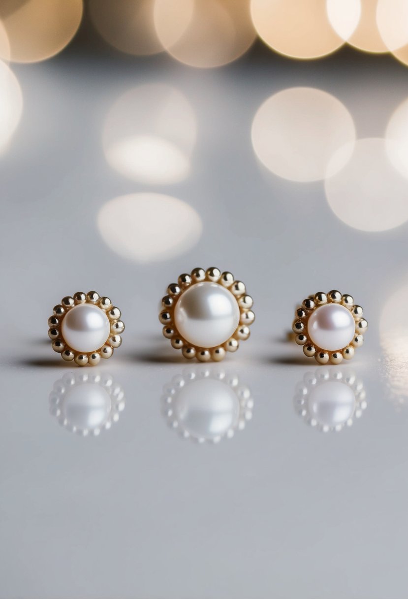 Three delicate pearl studs arranged in a row, with a larger stud in the center, surrounded by smaller ones on either side