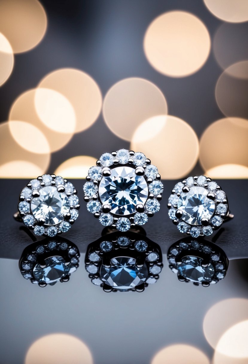 Three sparkling CZ earrings arranged in a trio set, with intricate detailing and elegant design, ideal for a wedding