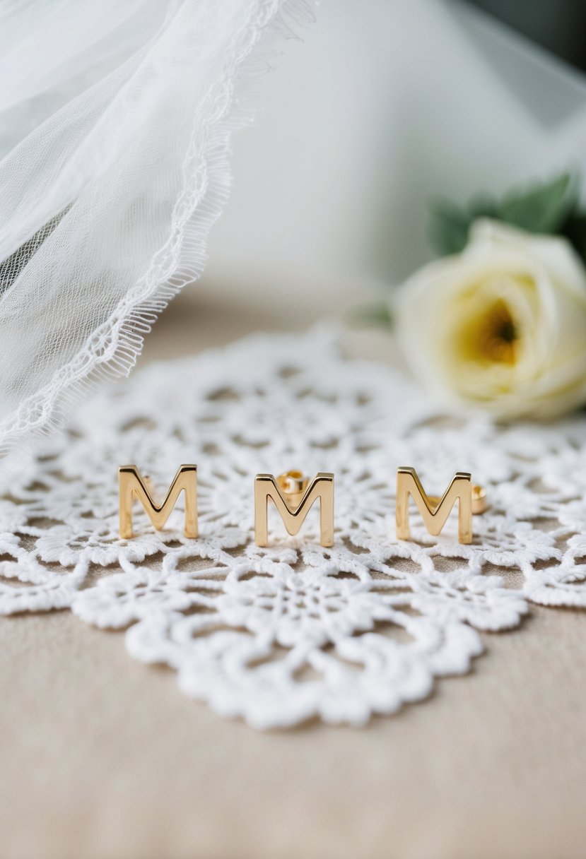 Three sets of delicate initial earrings arranged on a white lace background, with a wedding veil draped nearby