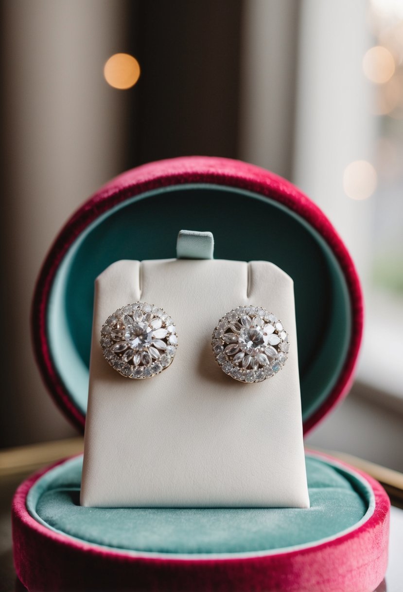 A pair of elegant, round wedding earrings displayed on a velvet cushion with soft lighting