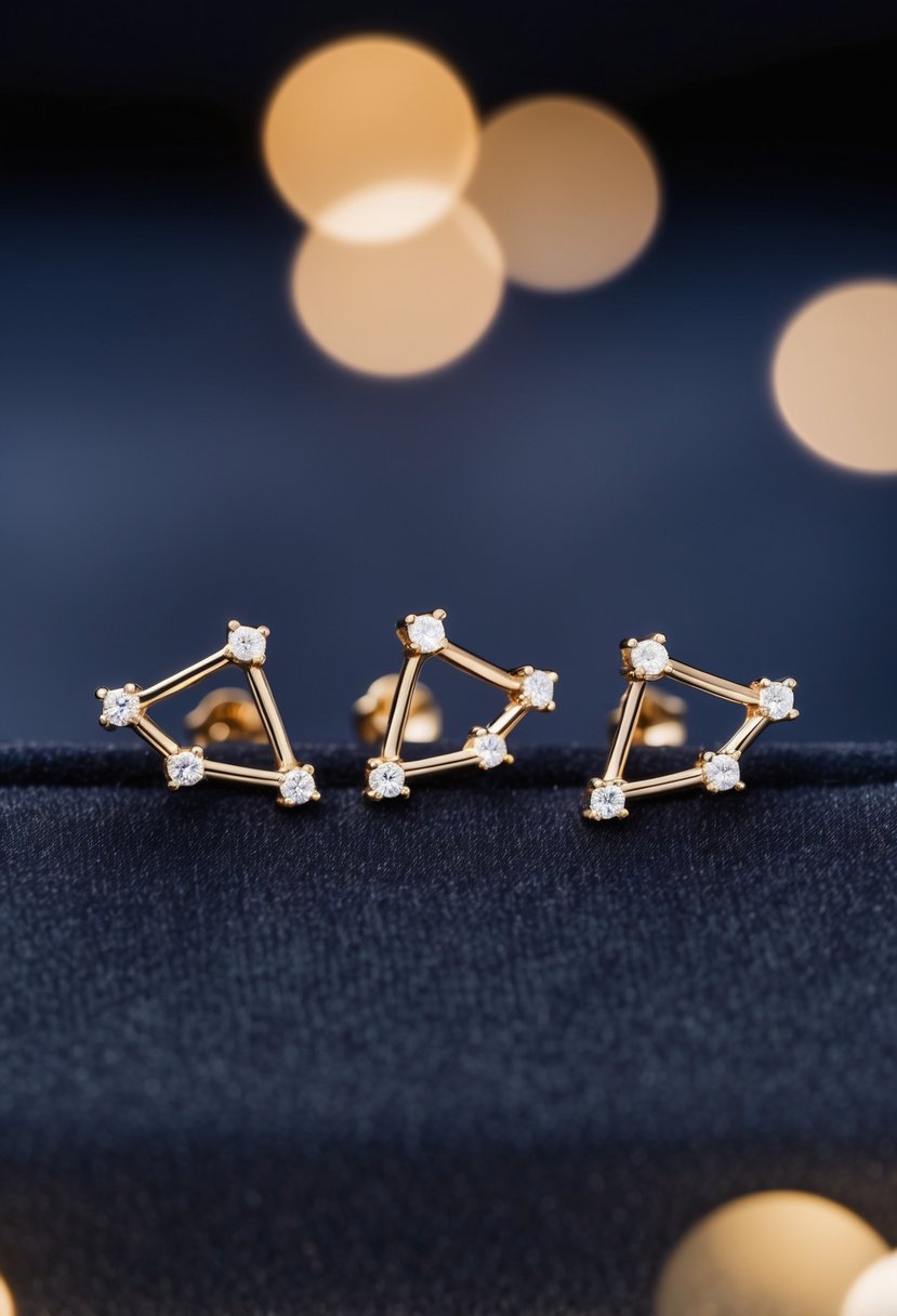 Three delicate constellation stud earrings arranged in a triangular formation, glinting under soft lighting against a dark velvet background