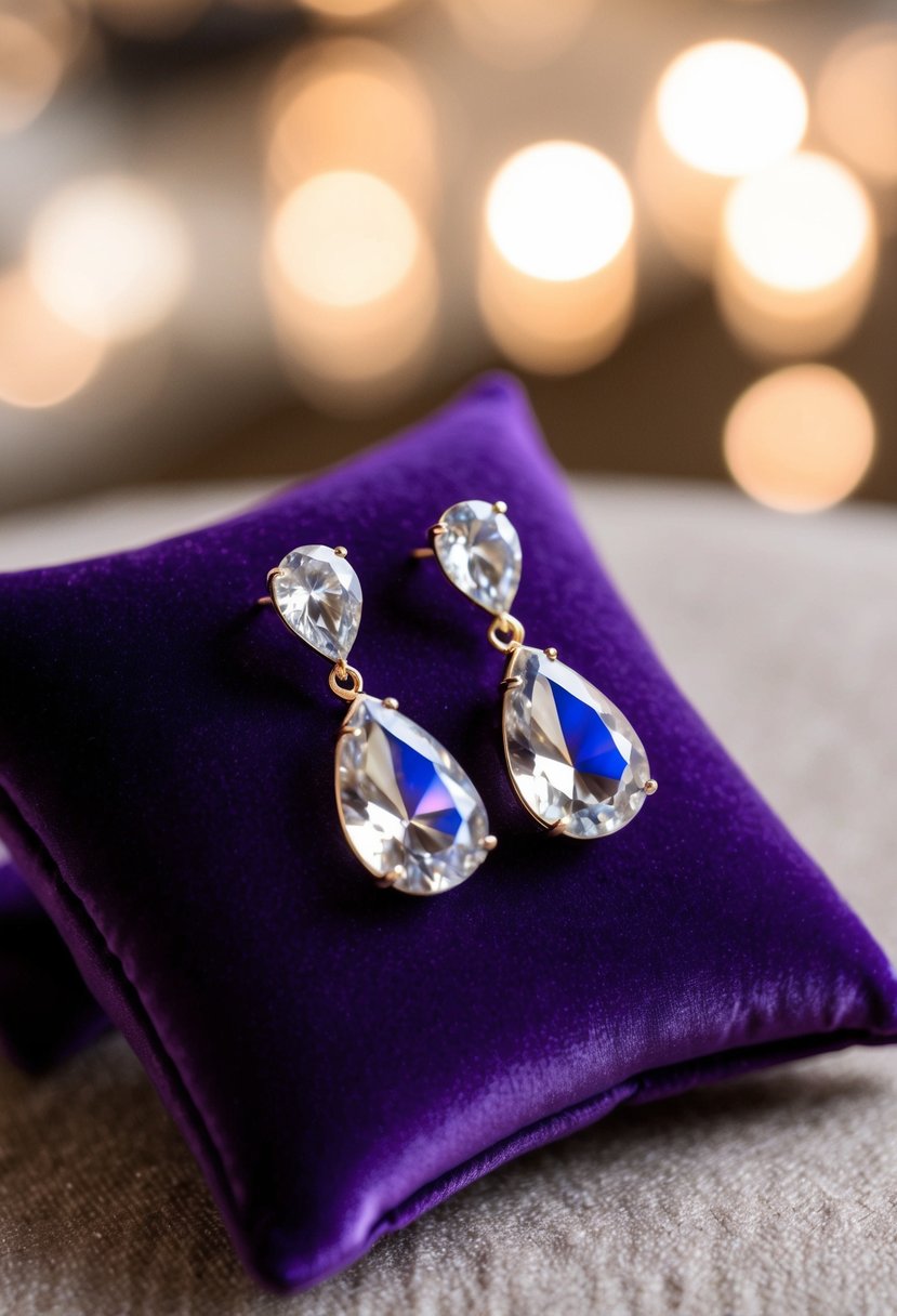 A teardrop crystal earring set displayed on a luxurious velvet pillow, with three piercings visible