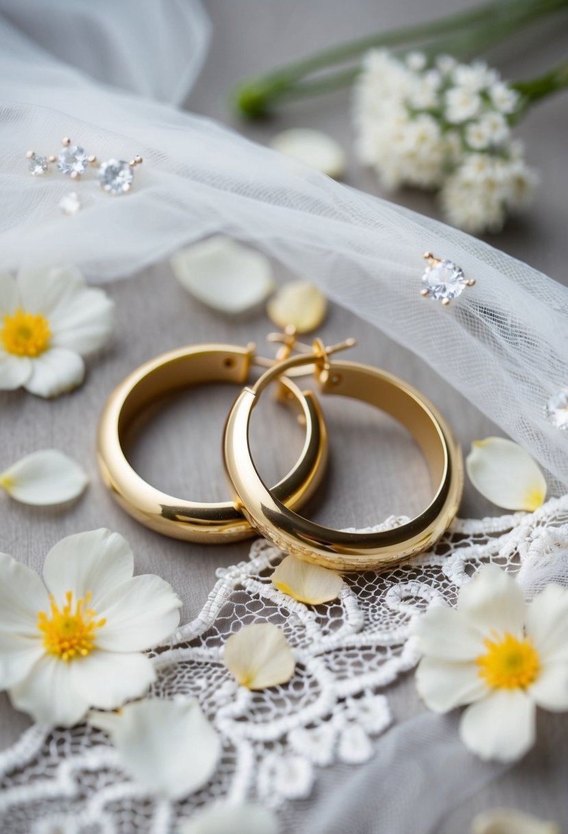 A pair of classic round gold hoops rests on a white lace bridal veil, surrounded by delicate flower petals and sparkling diamonds