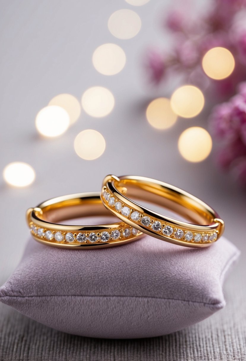 A close-up of elegant gold hoop wedding earrings on a velvet cushion