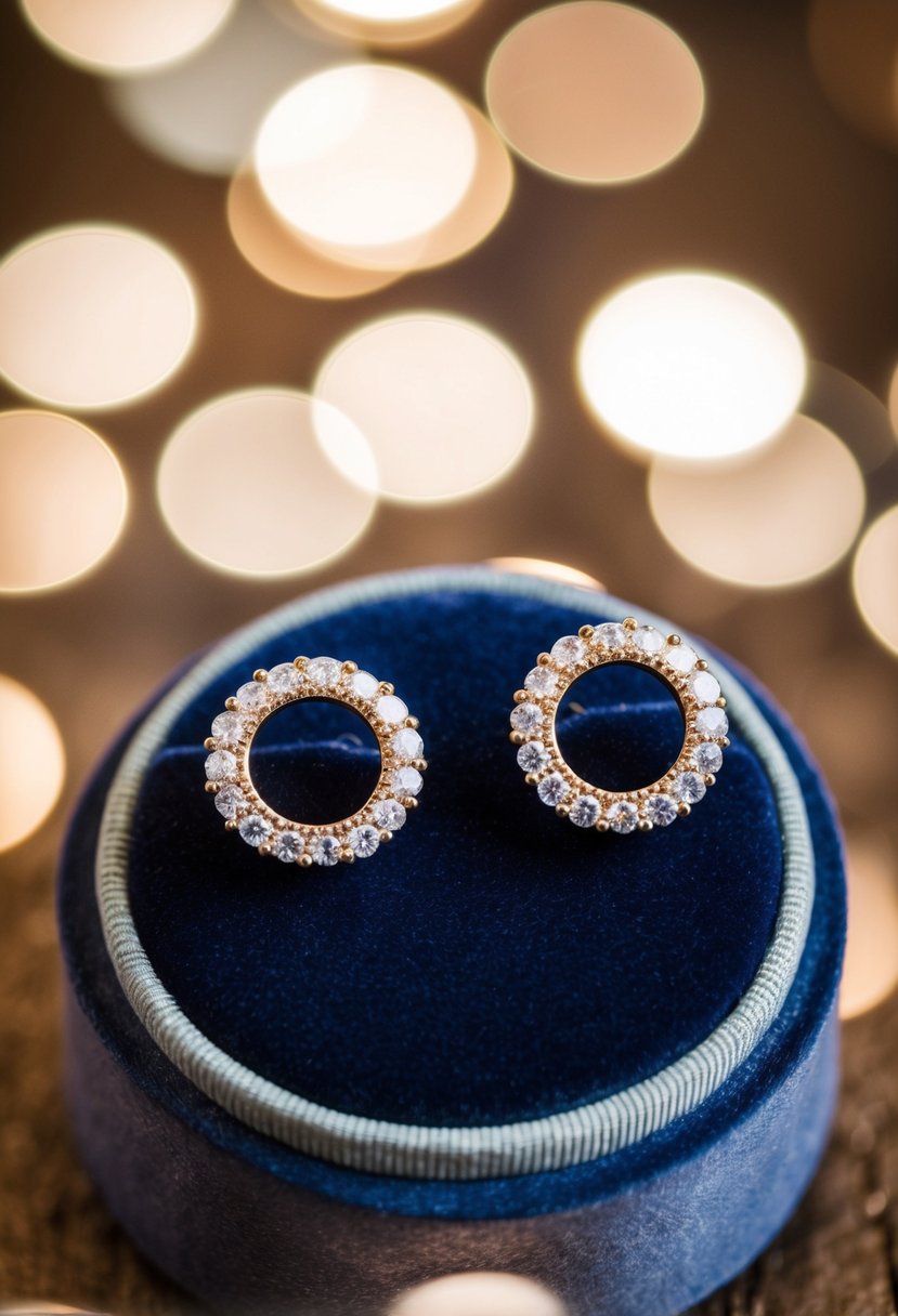 Two round halo earrings displayed on a velvet cushion