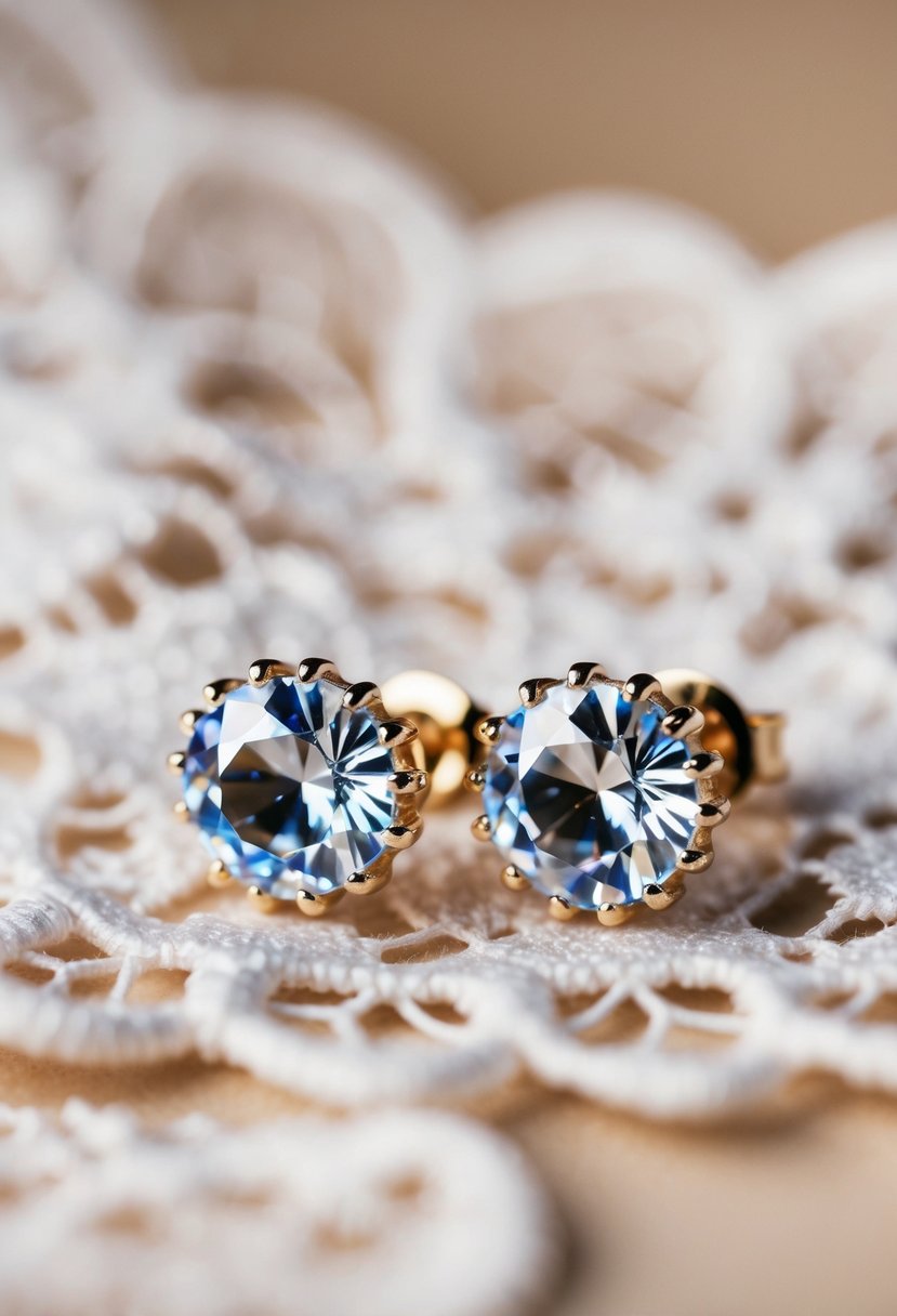 A pair of crystal round studs glimmering under soft lighting, set against a delicate lace background, evoking a sense of elegance and sophistication