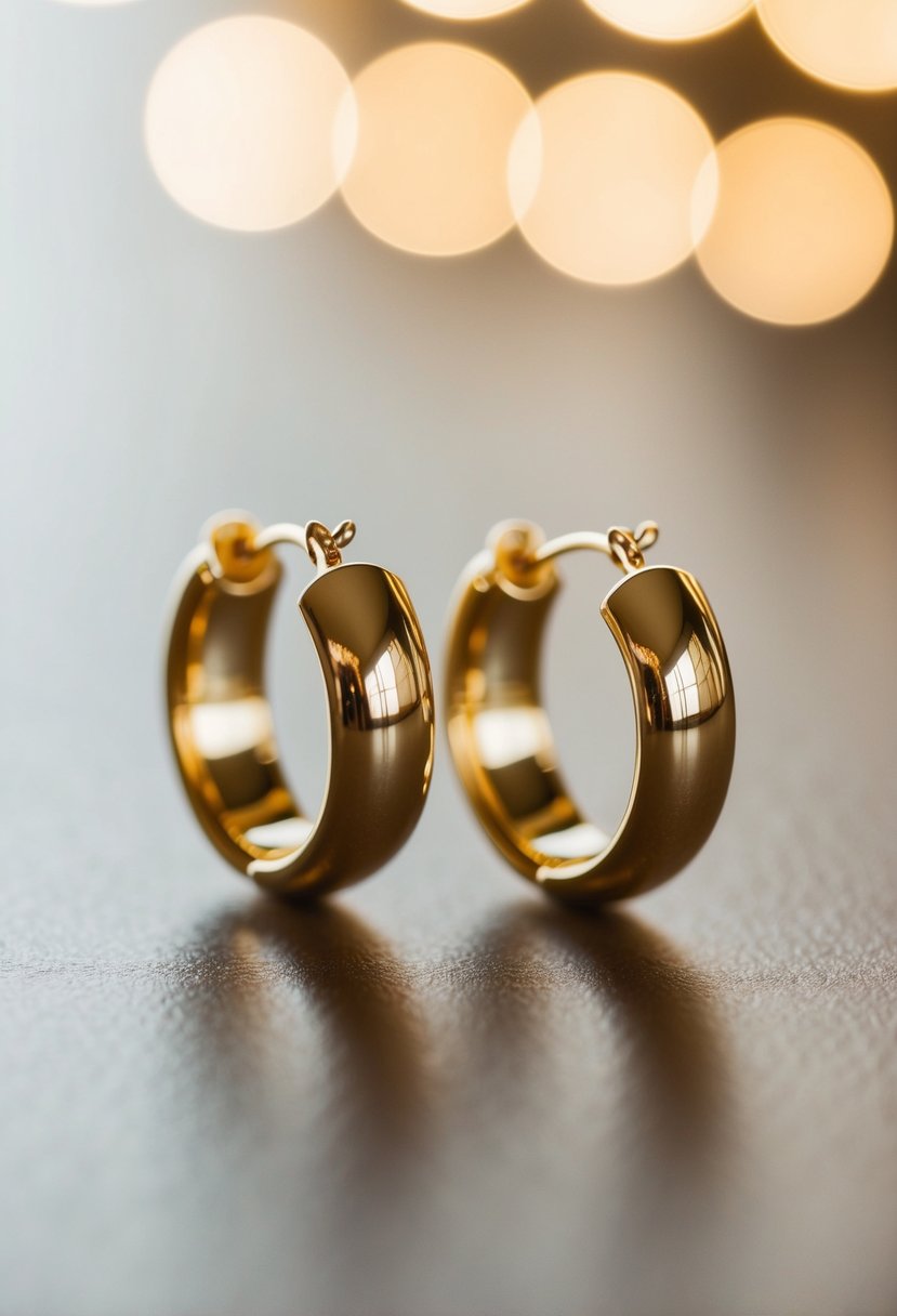 A pair of elegant gold hoop wedding earrings gleaming under soft light