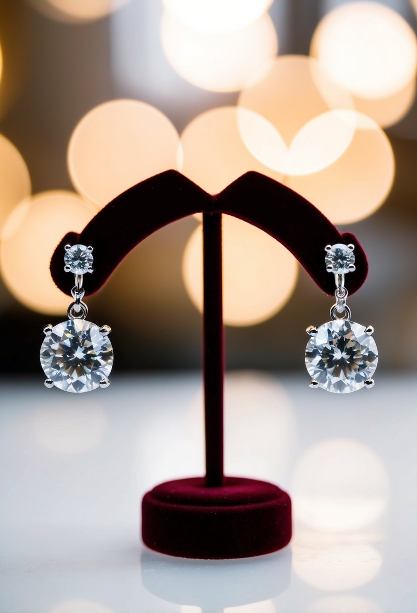 A pair of diamond round drop earrings displayed on a velvet jewelry stand