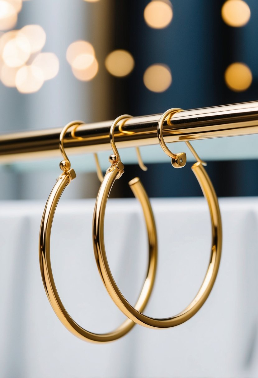 A close-up of elegant gold hoop wedding earrings against a luxurious, modern backdrop