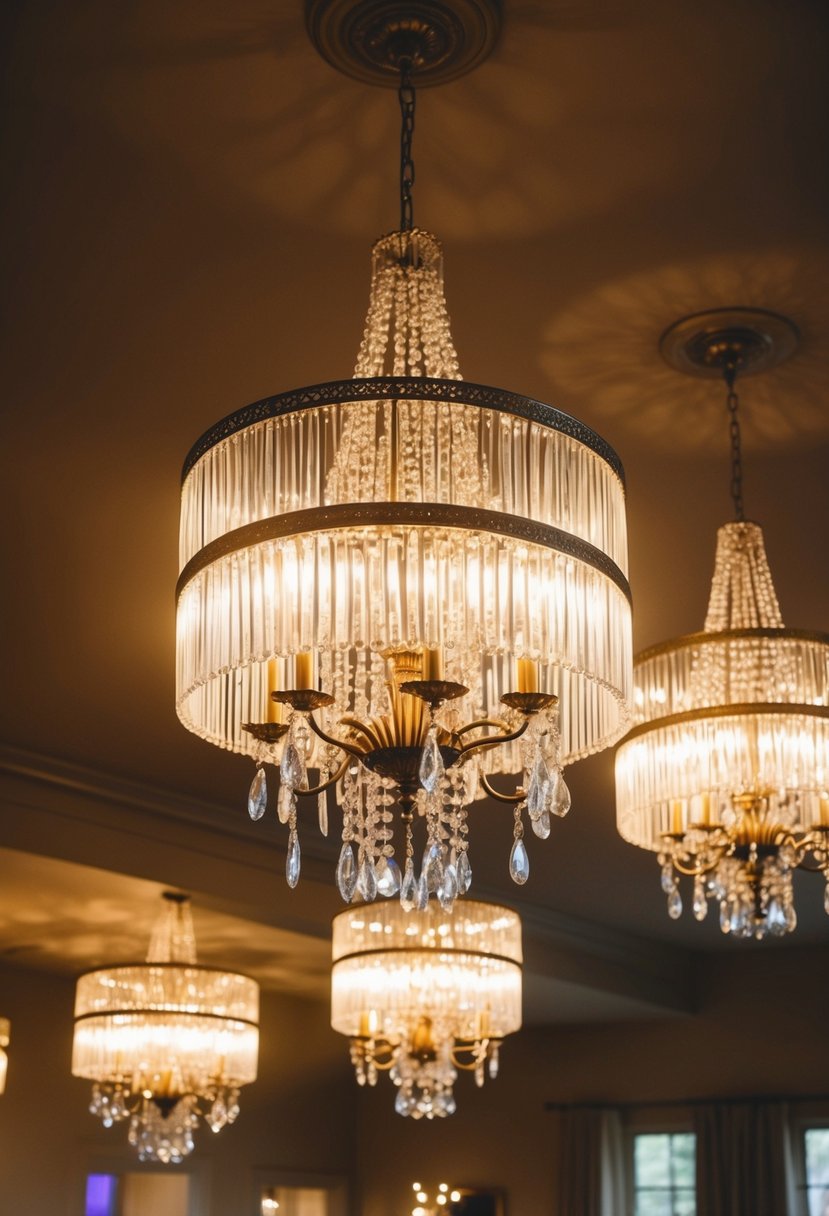 A dimly lit room with vintage-inspired round chandeliers casting a warm glow, showcasing elegant wedding earrings hanging from each fixture